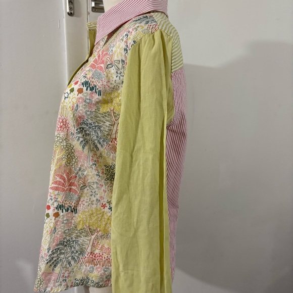 FlatIron Workshop Button-Up Top Sz 3 Long Sleeve Green Pink Trees Stripe Preppy - Picture 6 of 14